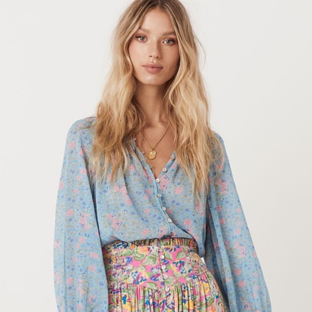 Spell Blue and Pink Wrap Blouse